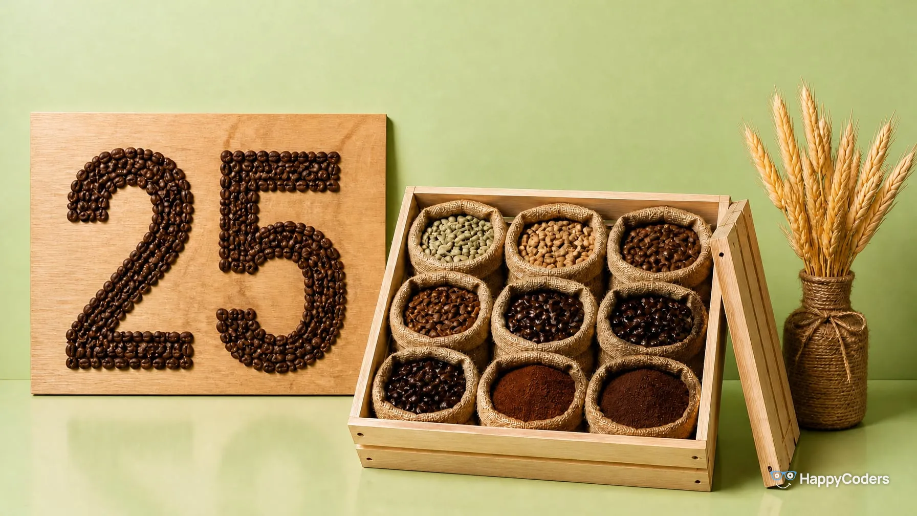 A 25 laid out of roasted coffee beans on a light oak board in front of a pistachio-green wall, next to it an open wooden crate with nine small burlap sacks of different coffees and dried wheat in a jute-wrapped vase