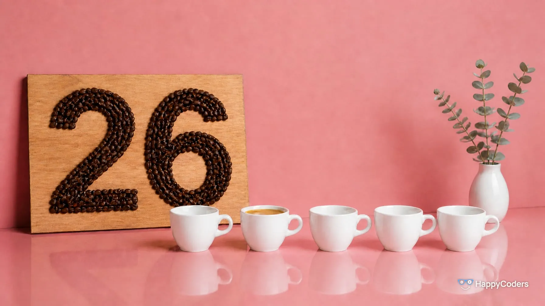 A 26 laid out of roasted coffee beans on a light oak board leaning against a pink wall, in front of it a row of five white espresso cups of which only the second is filled with espresso, eucalyptus sprigs in a white vase on the right