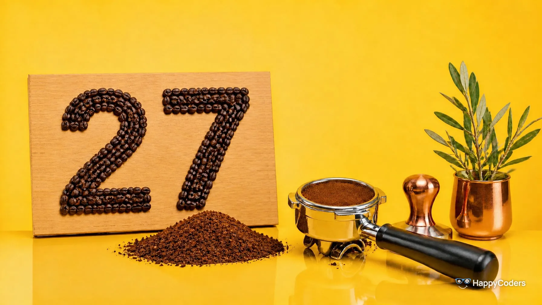 A 27 laid out of roasted coffee beans on a light oak board in front of a sunflower-yellow wall, before it a loose heap of ground coffee, next to it a portafilter with tamped coffee, a tamper with a copper handle and an olive sprig in a copper cup