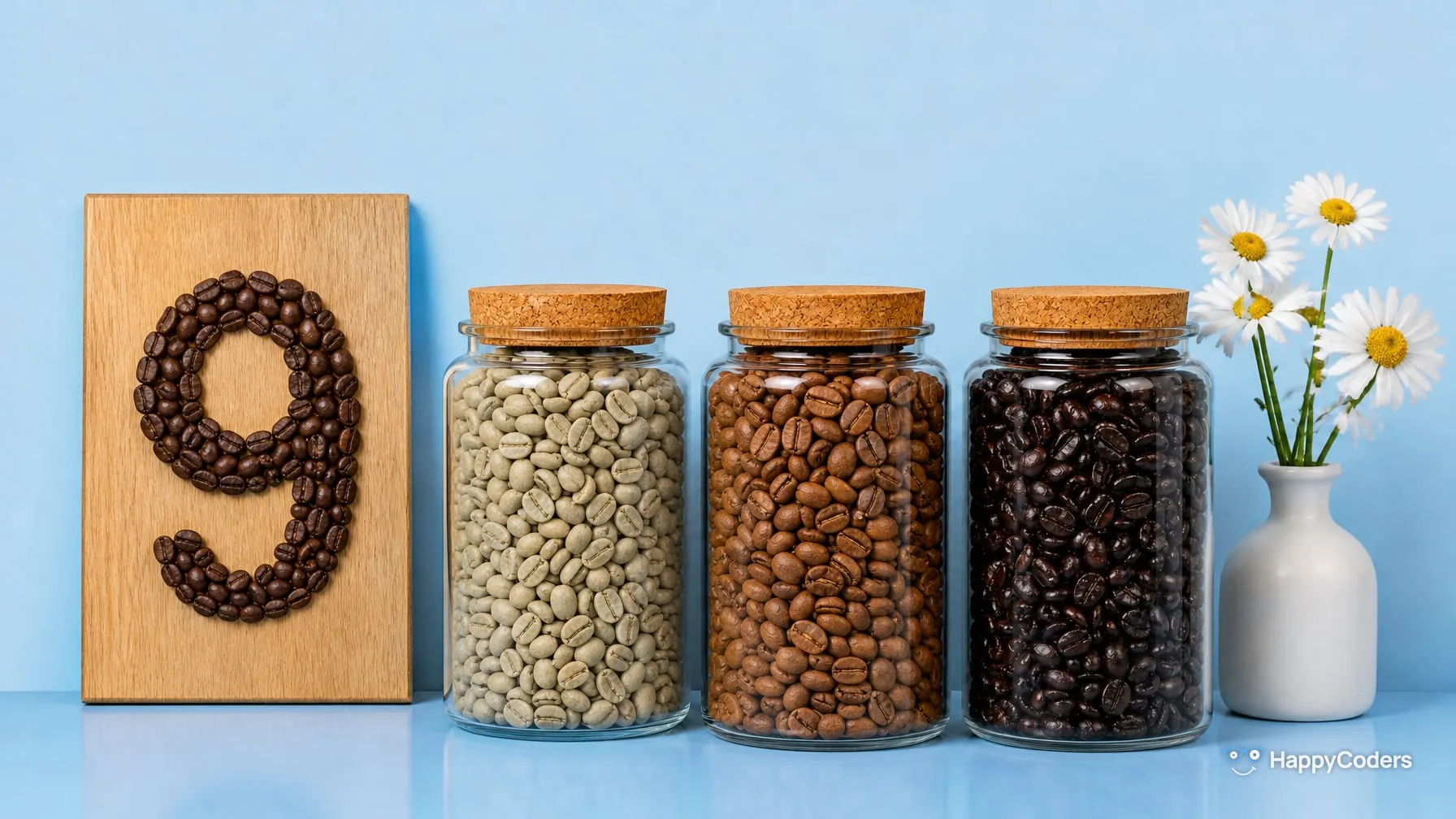A 9 laid out of roasted coffee beans on a light oak board in front of a light blue wall, next to it three glass jars with cork lids filled with raw, light roasted and dark roasted beans, daisies in a white vase on the right
