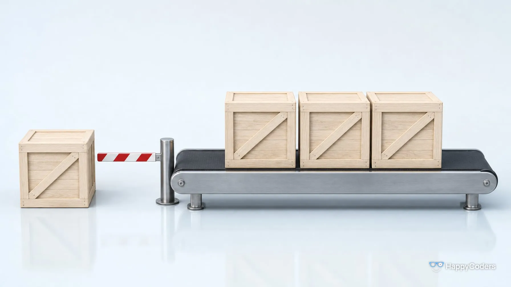 Conveyor belt with three wooden crates against an almost white background; to the left, a fourth crate waits in front of a lowered red-and-white barrier