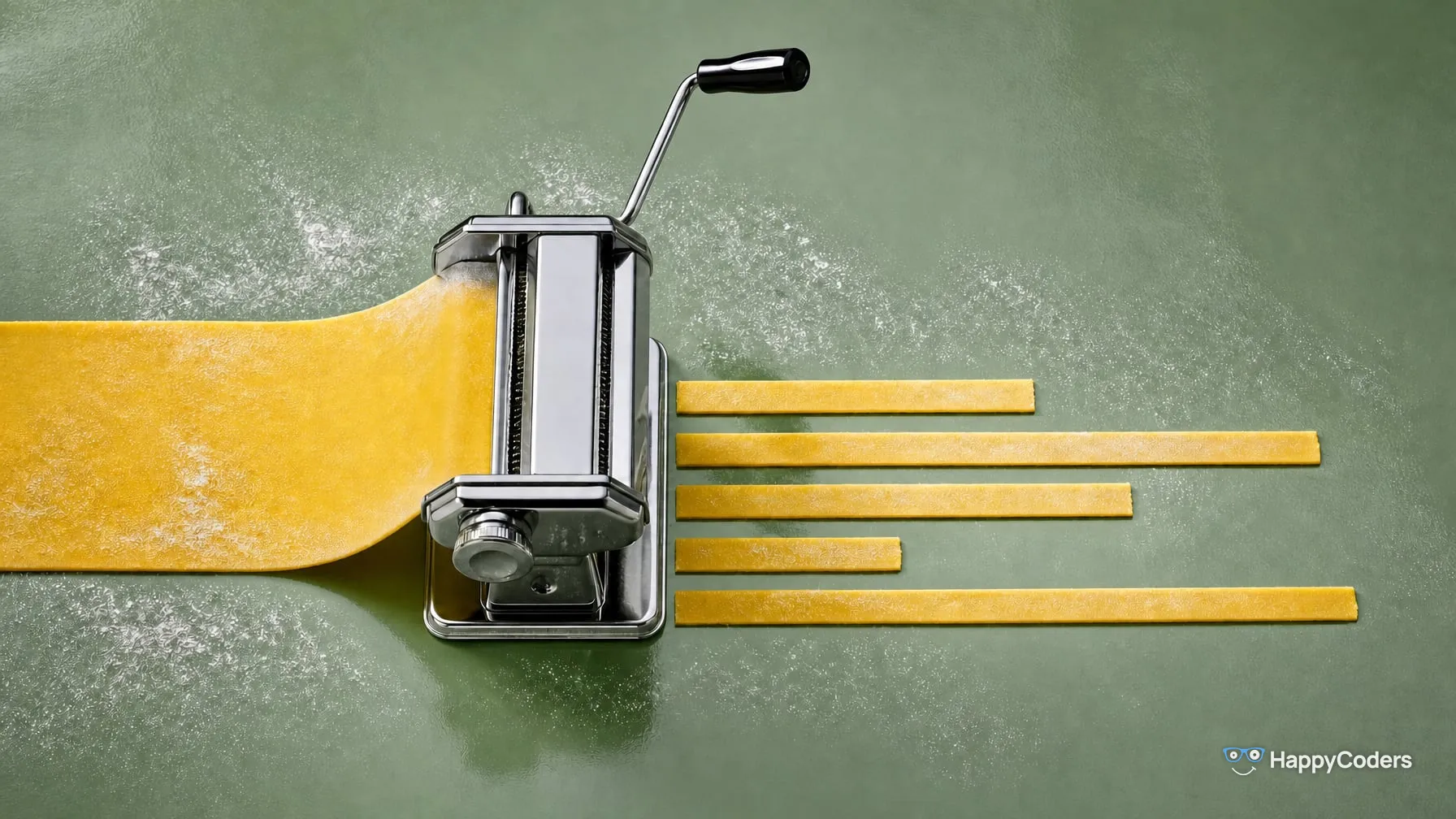 A chrome pasta machine with a crank on a sage green background: a wide yellow sheet of dough runs into it from the left, and on the right five ribbons of dough of different lengths lie parallel, one below the other