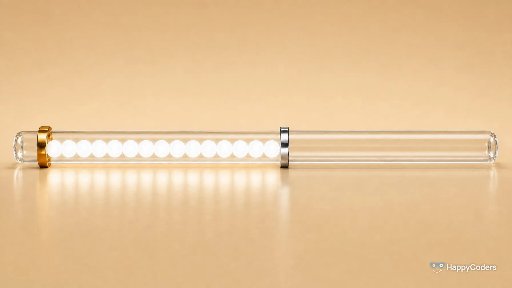 Glass tube against light sand, filled with glowing white beads up to its middle, a gold ring at the start and a silver ring at the end of the beads