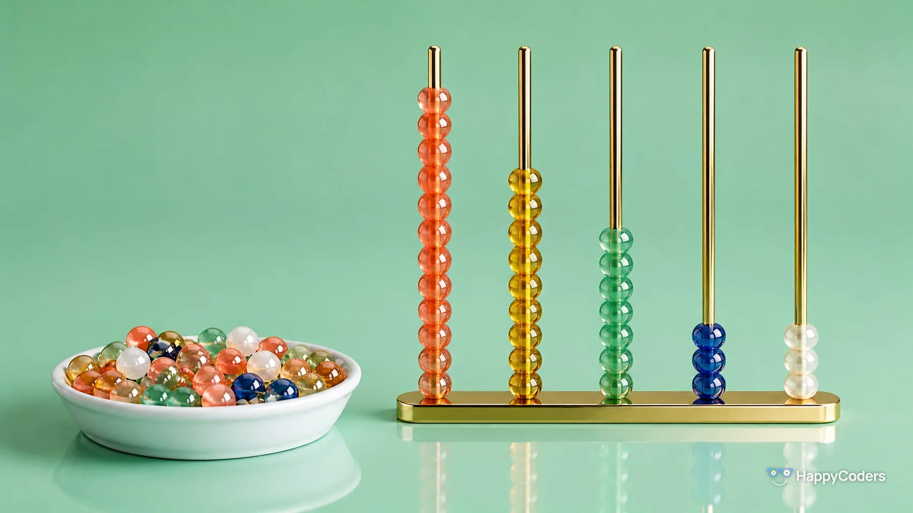 On the left, a white porcelain dish of mixed glass beads in coral, gold, jade green, indigo, and pearl white; on the right, five brass rods on a base bar, each threaded with beads of only one color, to different heights