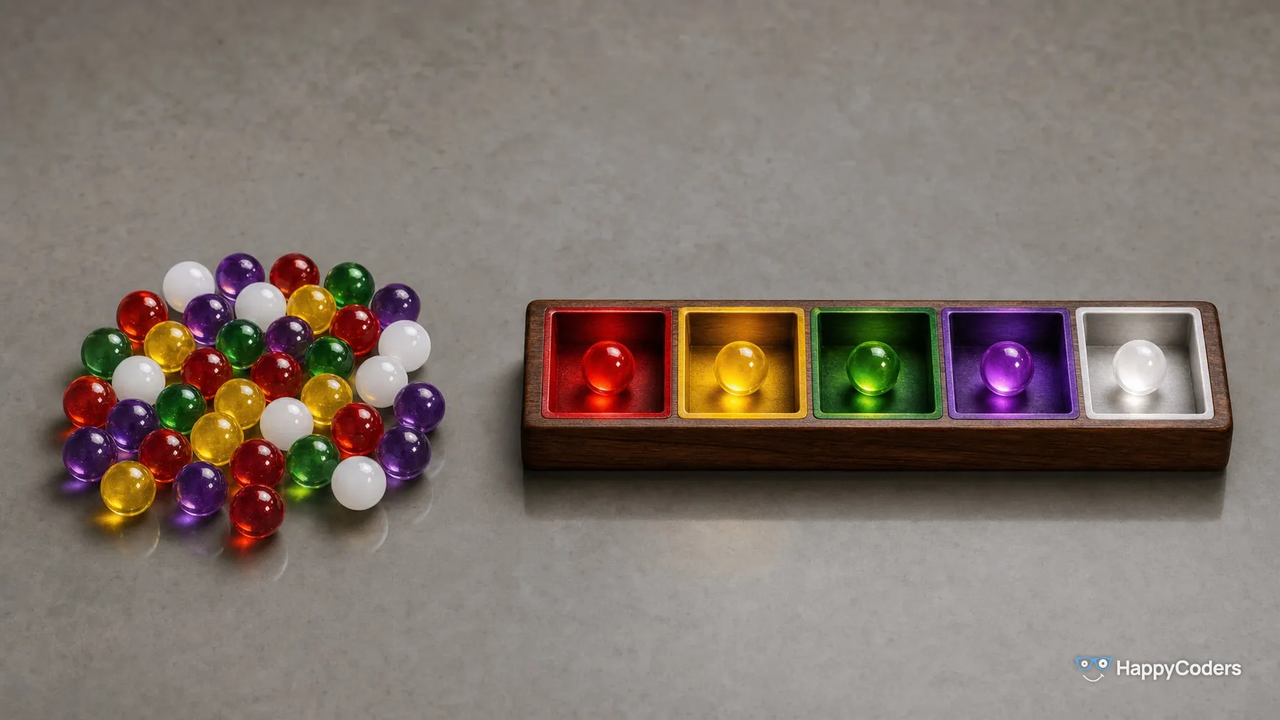 A loose pile of glass marbles in red, yellow, green, violet, and white on the left; on the right a wooden tray with five compartments in the same colors, each holding exactly one marble of its color