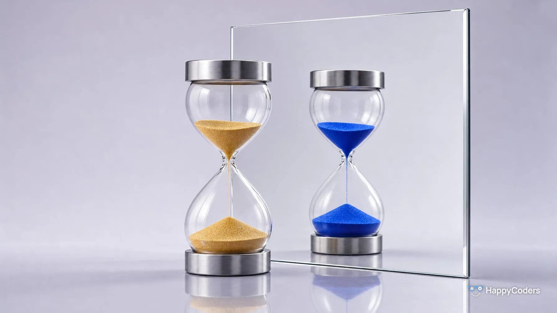 Hourglass with golden sand and steel caps in front of a frameless mirror – in its reflection, the sand is blue