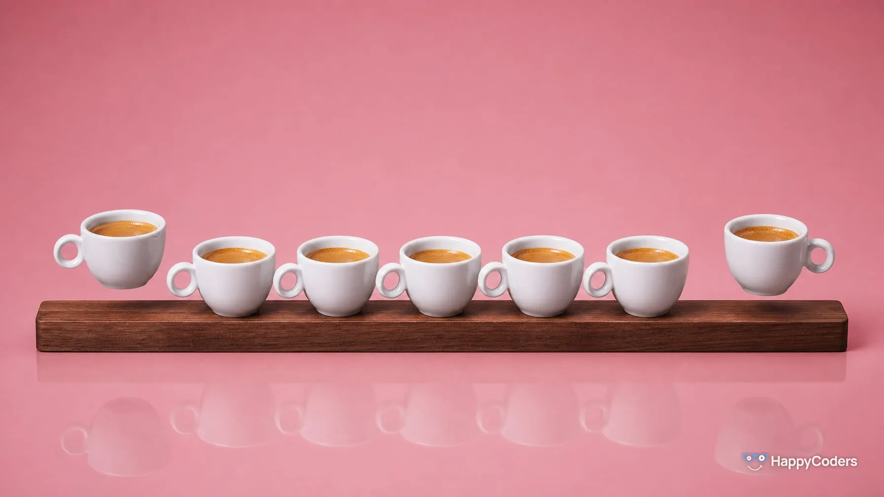 Seven white espresso cups of espresso on a walnut board against dusty pink; the first and the last cup of the row are lifted, the five in between stay in place