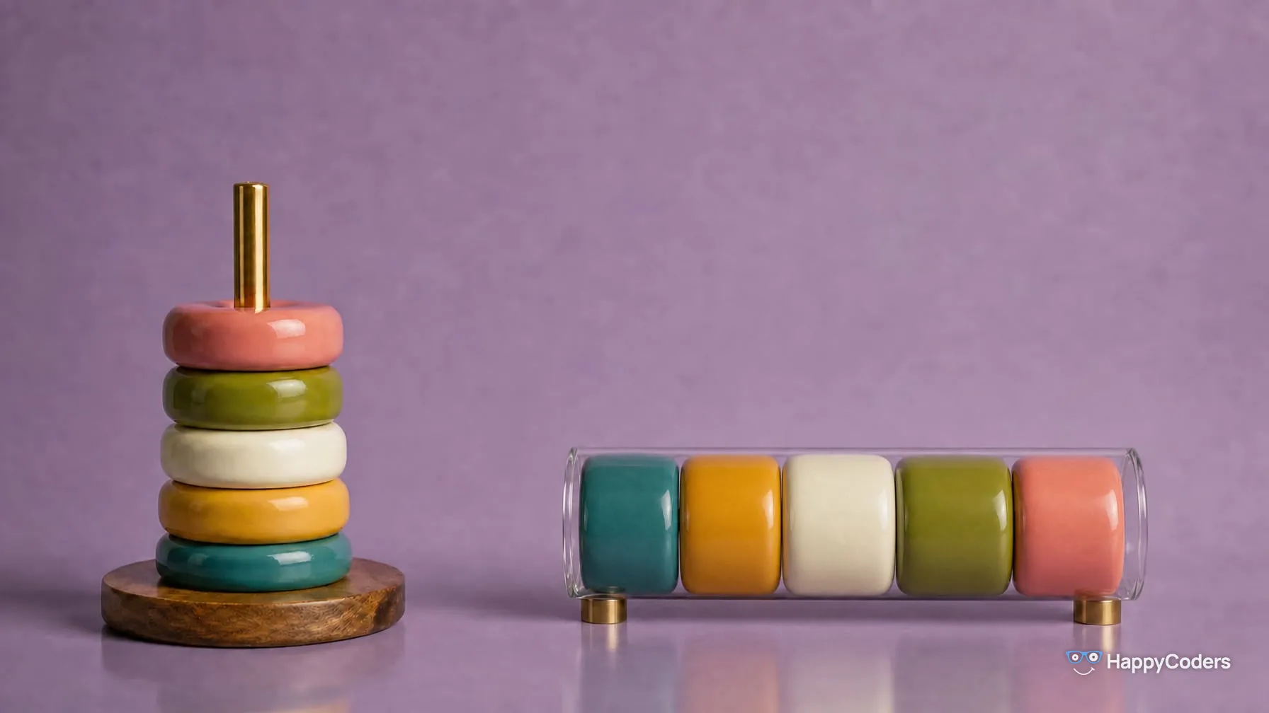 Against lavender, on the left five lacquered rings in teal, mustard, cream, olive and rose on a brass spindle; on the right the same rings on edge in a horizontal glass tube open at both ends