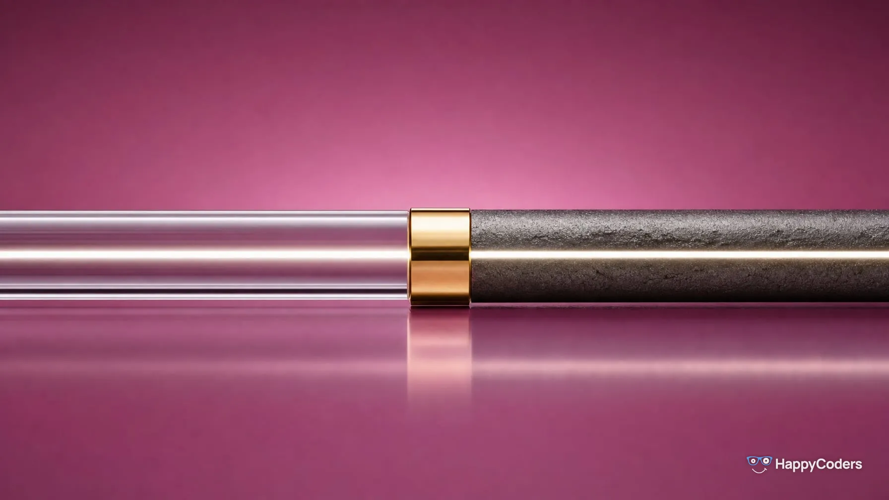 A clear glass bar from the left and a rough cast-iron bar from the right, joined in the middle by one slim gold coupling on mauve; a thin line of white light runs through the glass bar, the coupling and on into the iron bar