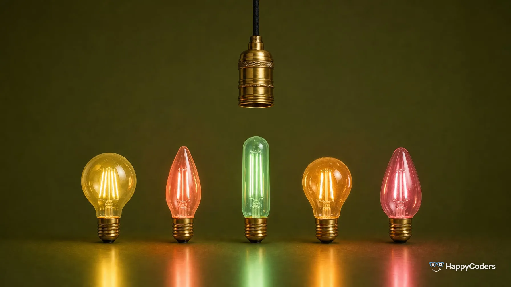 An empty brass lamp socket hangs above five light bulbs of different shapes with the same screw base, glowing yellow, coral, mint, amber, and pink against olive green