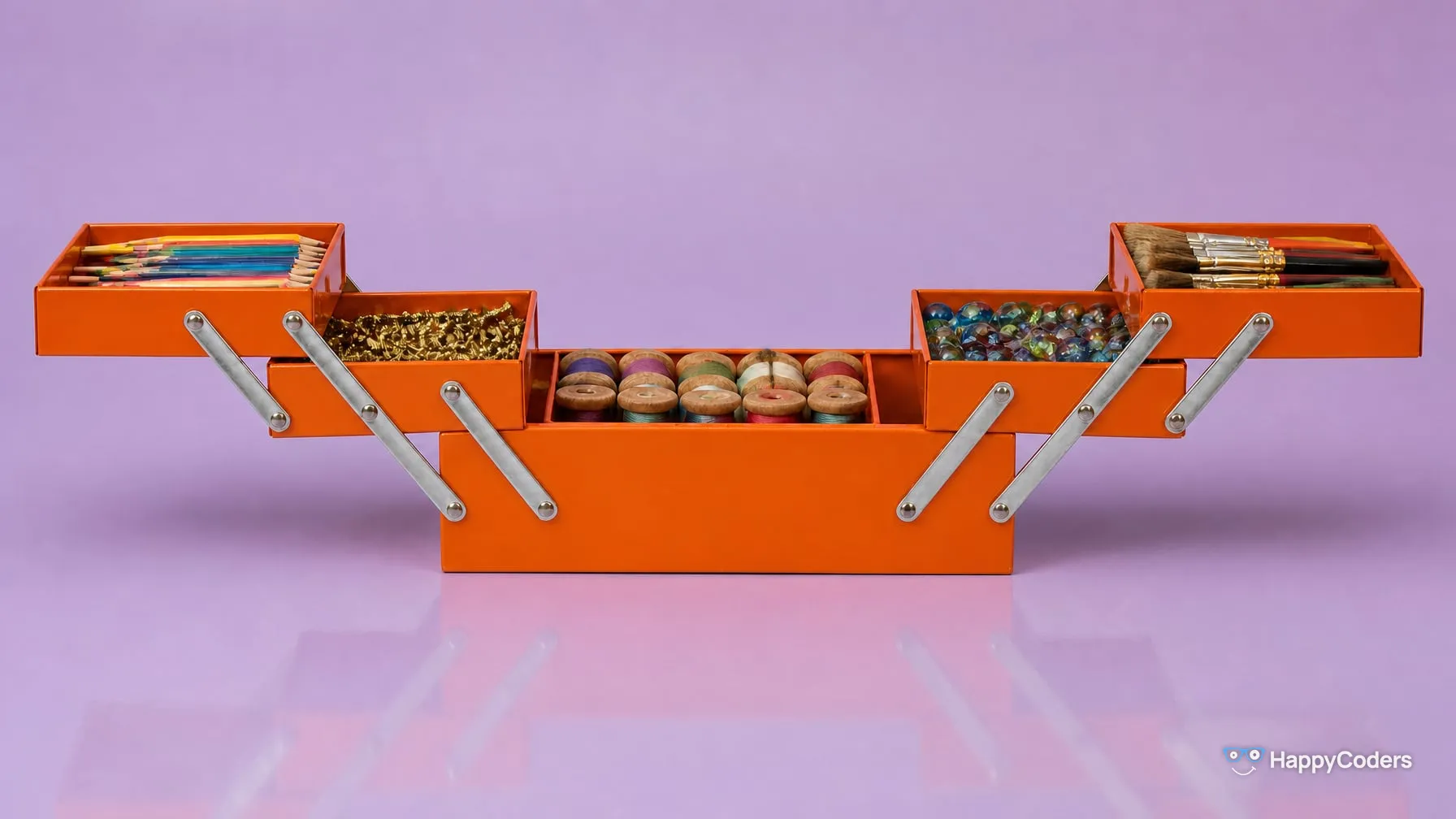 An orange cantilever toolbox on lilac, fully opened – two trays on steel arms on each side, something different in each of the five compartments: colored pencils, brass shavings, thread spools, glass marbles, paintbrushes