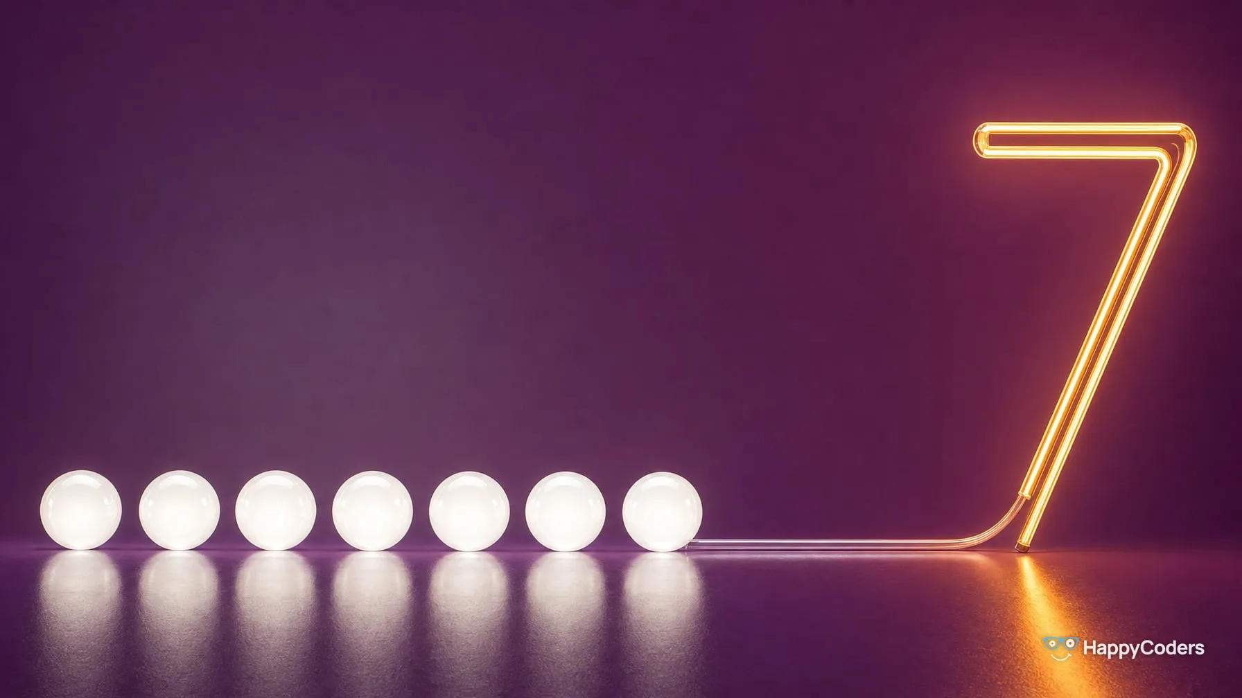 Seven glowing white glass spheres in a row against plum violet; from the last one a thin glass tube runs to the right into a tall glowing amber neon numeral 7