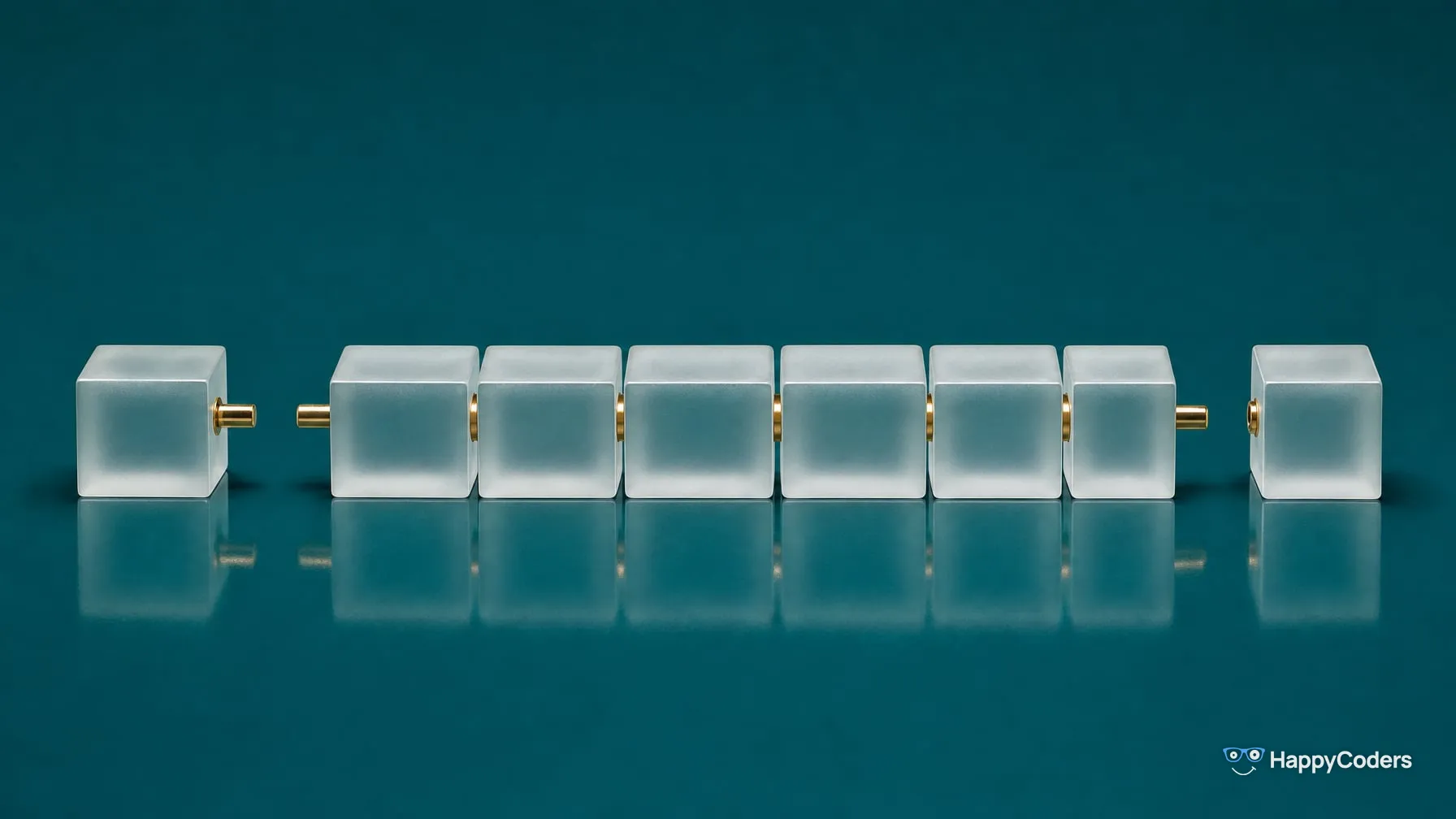 Eight frosted glass cubes in a row against petrol teal; the six in the middle are joined by brass pins, the first and the last cube are pulled a little apart, so the brass pins show in the gap