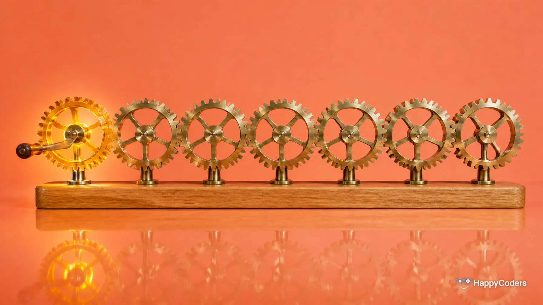 Seven brass gears in a row on an oak base against coral; the first one on the left glows amber and is the only one with a crank