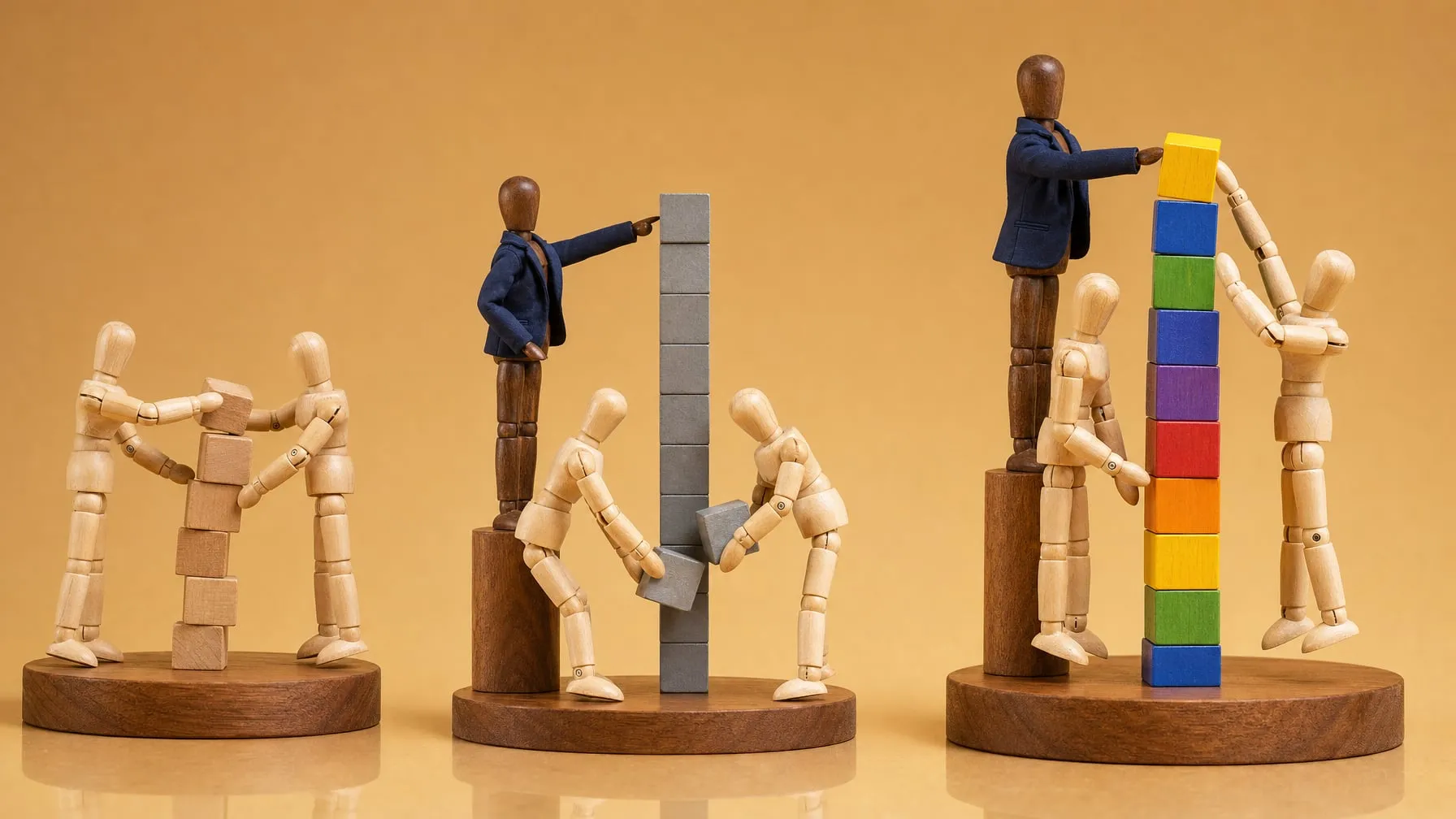 Three scenes with wooden mannequins – on the left, two build a small tower on their own; in the middle, a mannequin in a blazer on a pedestal points at a grey tower two others build; on the right, all build the tallest tower of colorful blocks together