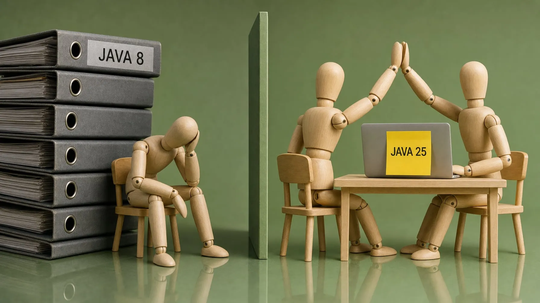 On the left, a wooden mannequin slumps next to a stack of grey binders labeled “JAVA 8”; on the right, two mannequins high-five over a laptop with a “JAVA 25” sticky note