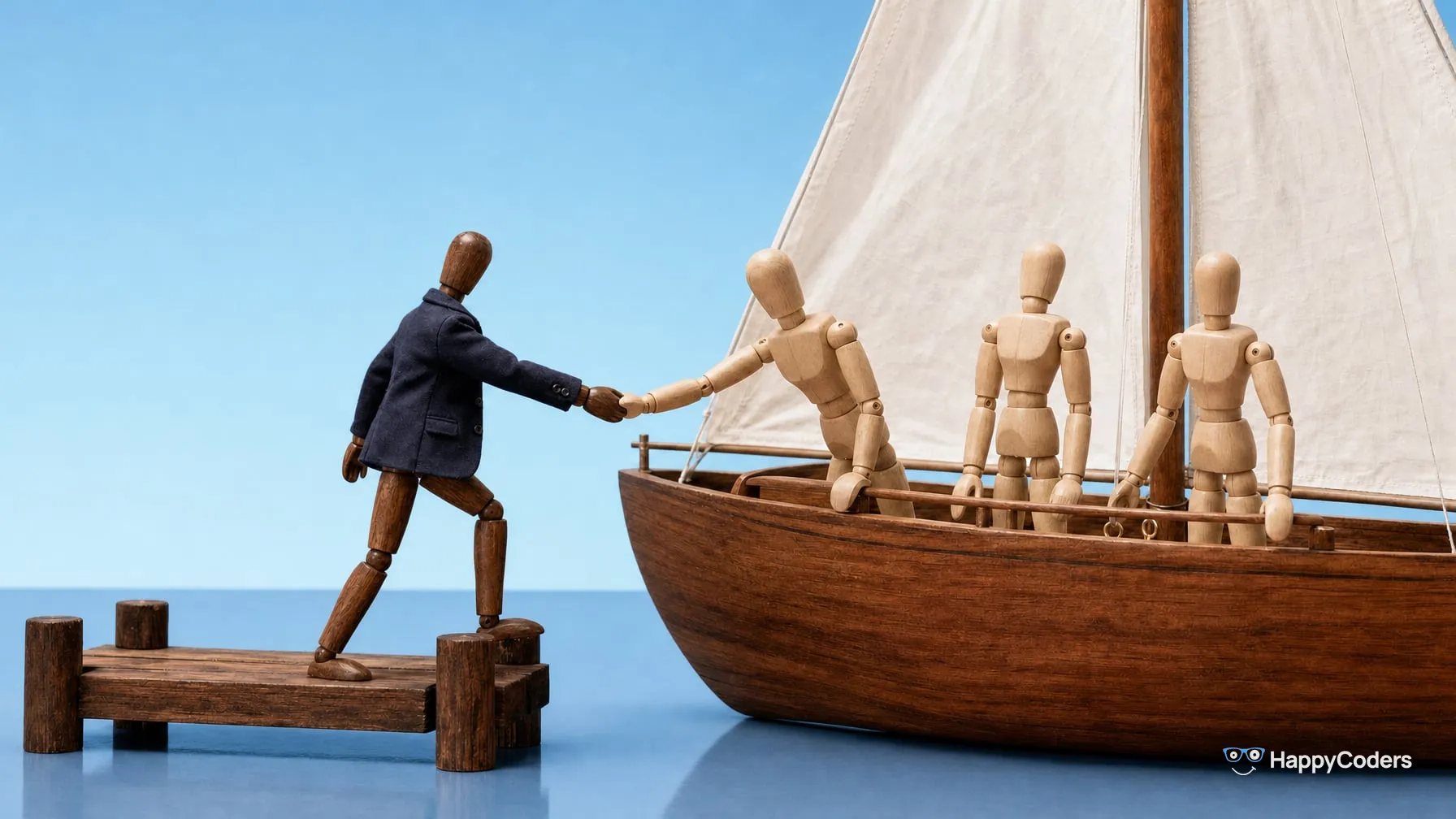 A wooden mannequin in a navy blazer on a jetty is pulled by the hand into a sailboat by a pale mannequin, two more mannequins wait on board