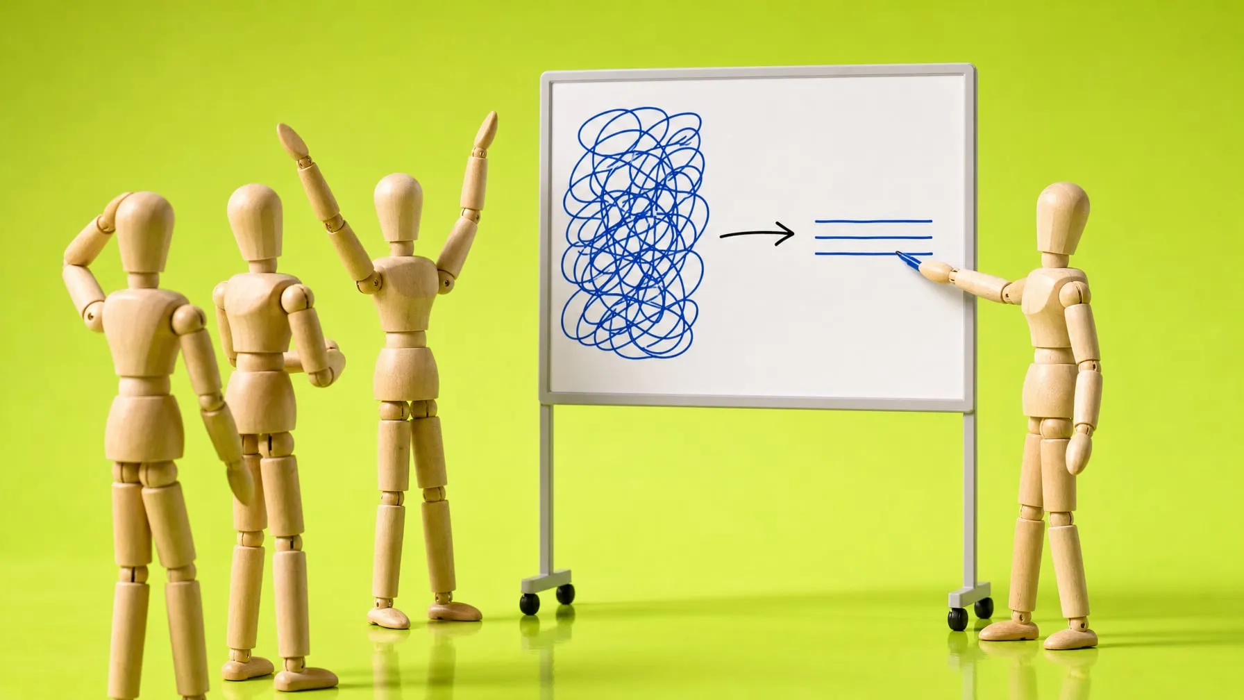 A wooden mannequin points at a whiteboard where an arrow turns a tangled scribble into three tidy lines; three mannequins in front of it look amazed, one throws its arms up