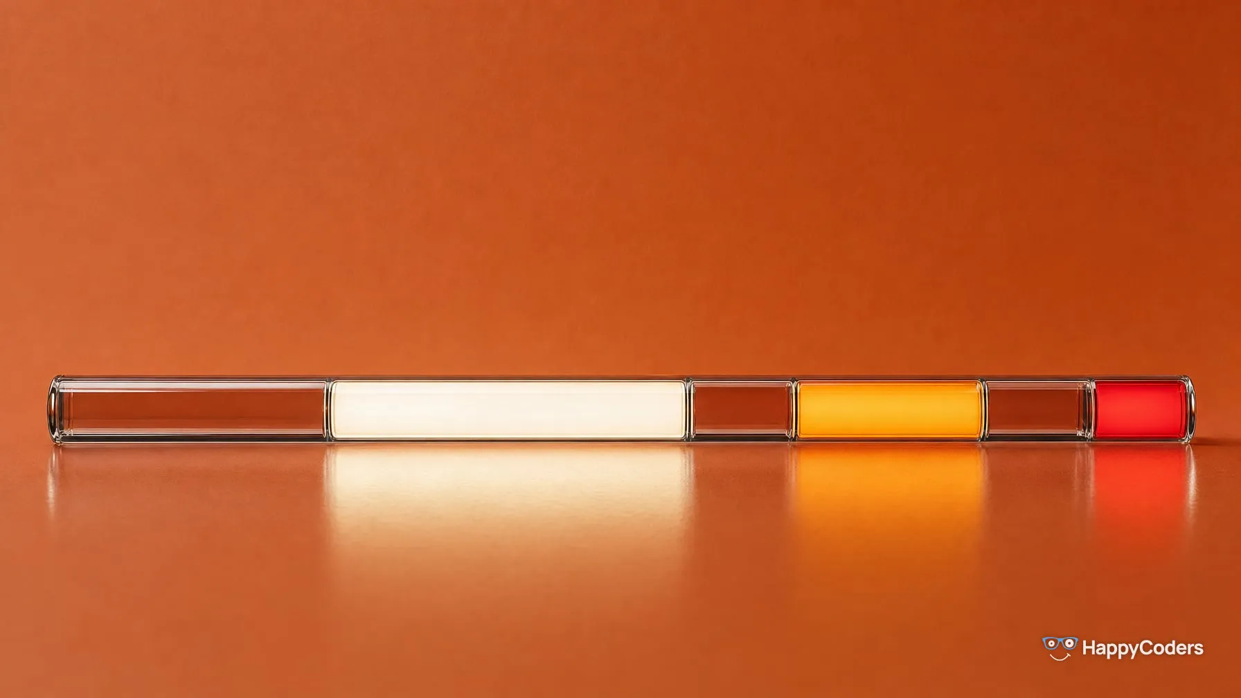 Long glass rod of six compartments of different lengths against terracotta, three glowing white, amber and red, three empty