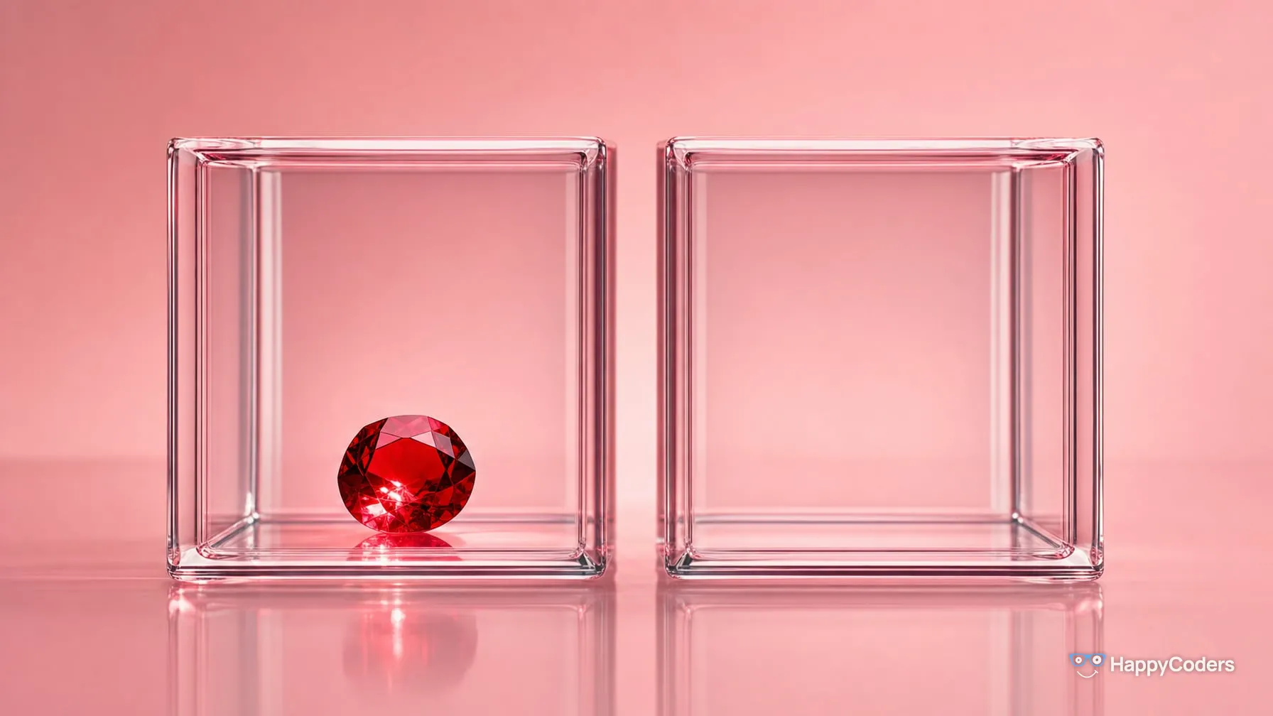 Two identical clear glass cubes on a blush-pink ground, a ruby in the left one, the right one empty