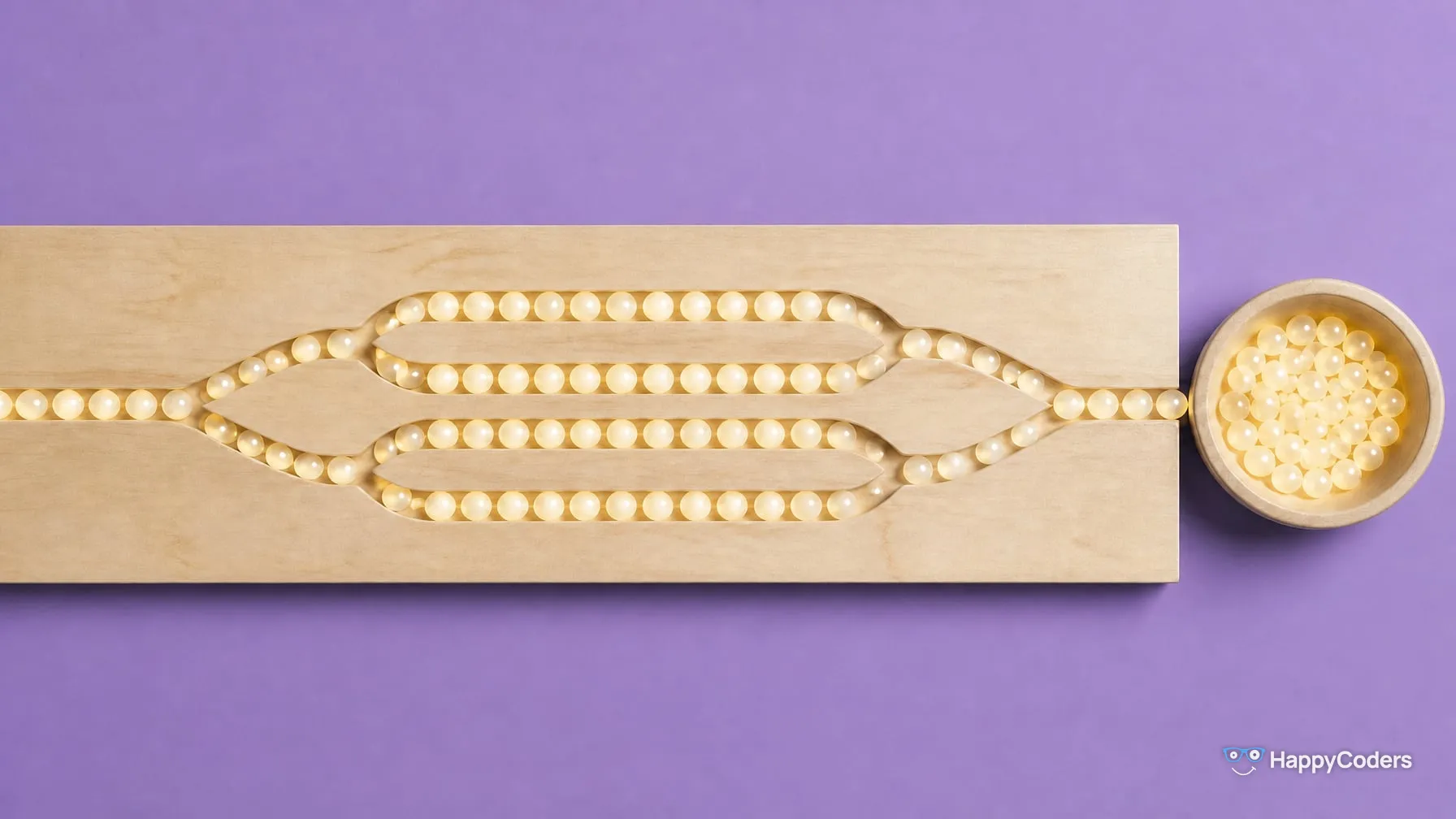A strip of pale maple on lavender, seen from above – a groove full of glowing glass spheres comes in from the left edge, splits into two and then four parallel grooves, which merge again into two and one and lead into a turned wooden bowl full of spheres