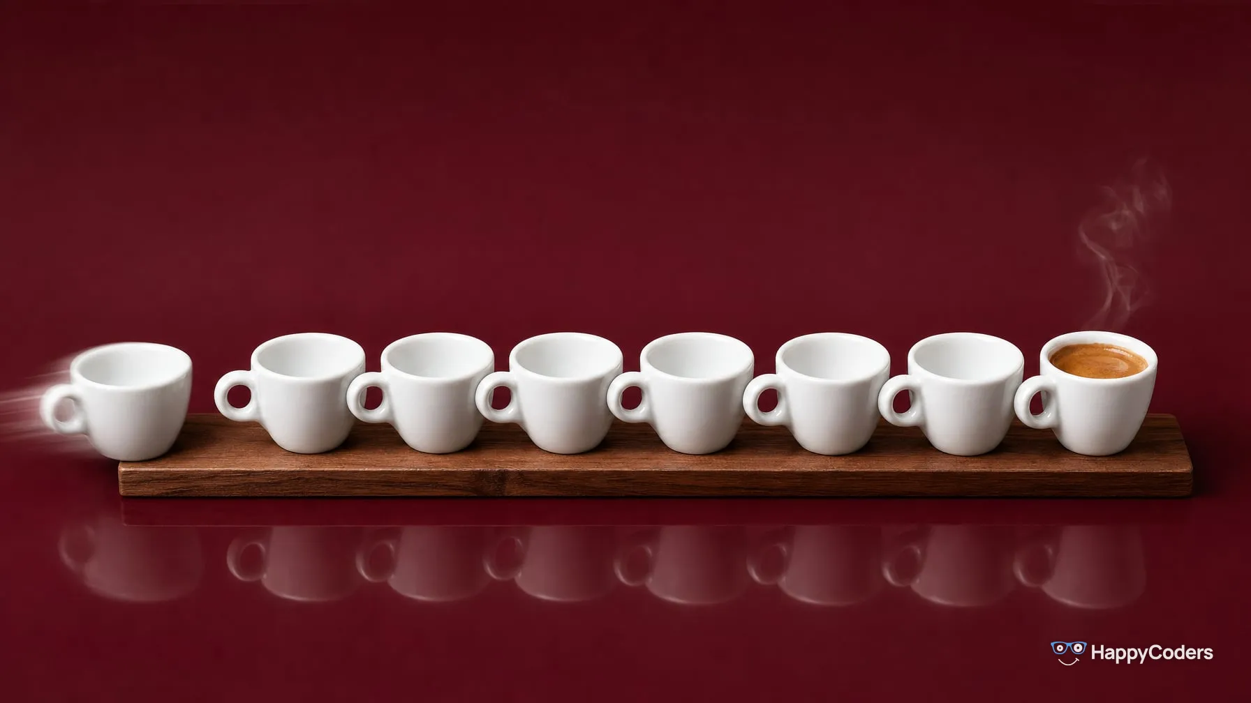 Seven white espresso cups in a row on a walnut board against burgundy; only the front one on the right is filled with espresso and steaming, while an eighth, empty cup slides in from the left