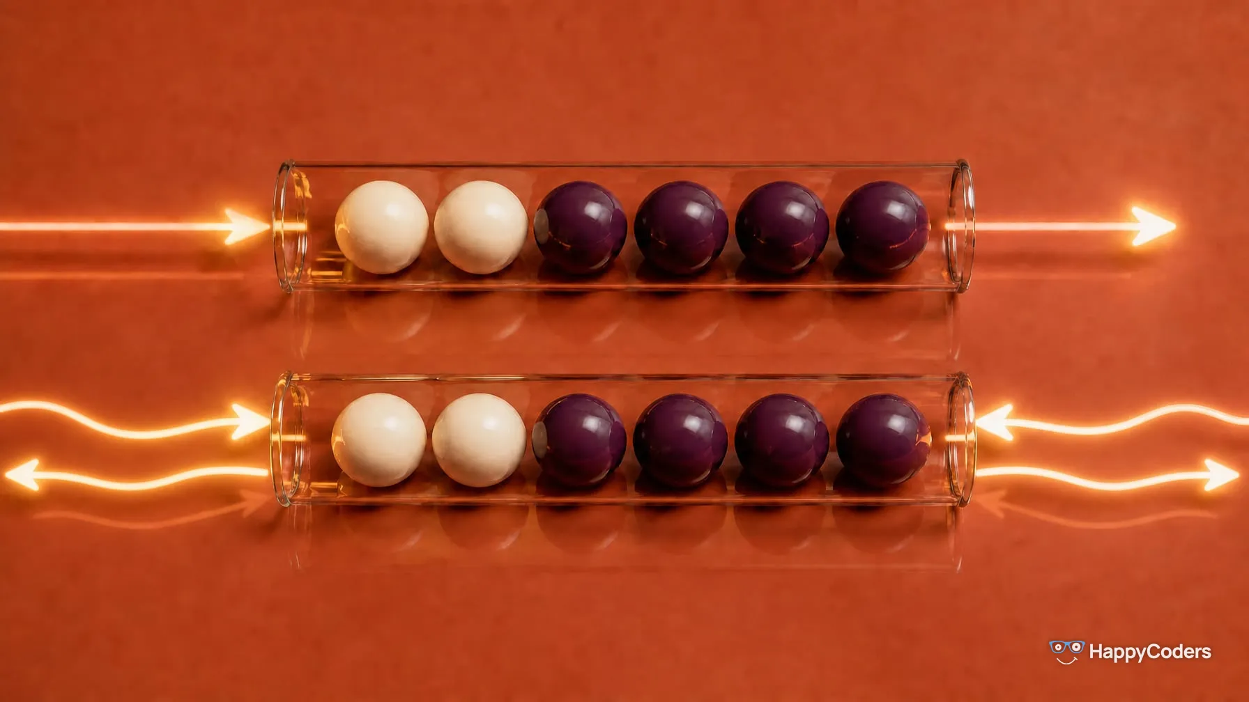Two horizontal glass tubes, each holding six cream and plum spheres, against terracotta; at the upper one, a light arrow leads in on the left and another out on the right, at the lower one each end has one arrow pointing in and one pointing out