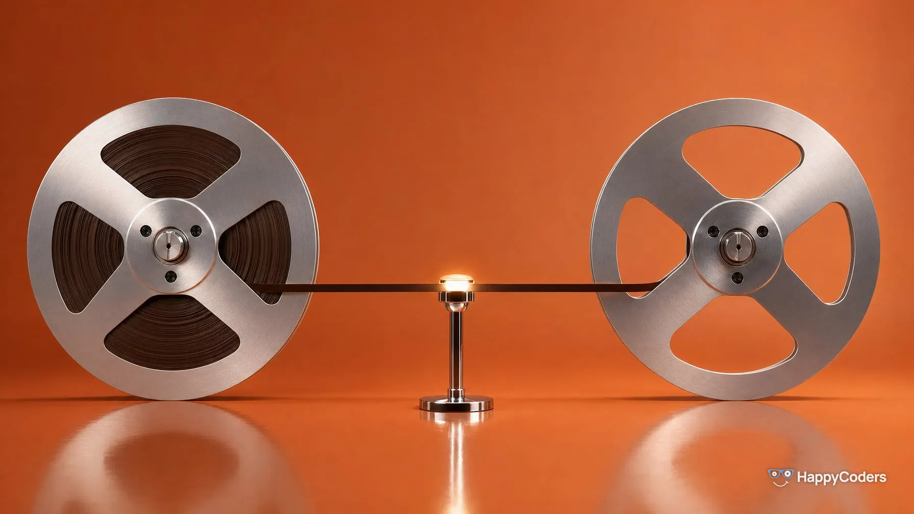 Two brushed-aluminum tape reels against terracotta: brown tape runs from the full reel on the left over a glowing playback head to the empty reel on the right