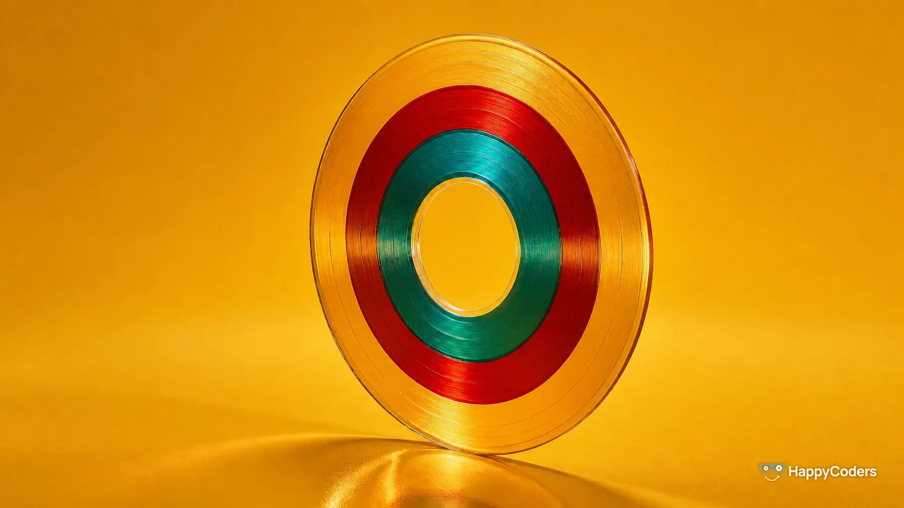 A transparent vinyl record stands on its edge against mustard yellow; its grooves form three colored rings: amber on the outside, then ruby, teal on the inside