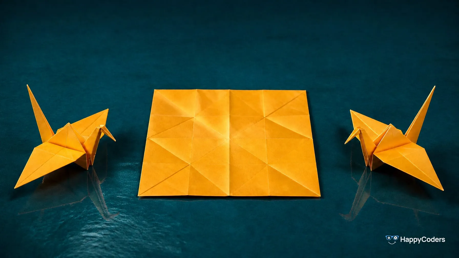 Two yellow origami cranes on dark teal, one on the left and one on the right; between them lies a flat, unfolded square sheet of the same yellow paper whose crease lines form a pattern of squares and diagonals