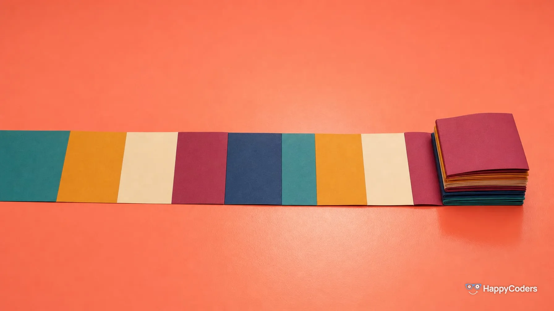 A long paper ribbon of colored panels – teal, ochre, cream, berry, navy – lies flat on a coral ground and is folded into one compact stack on the right