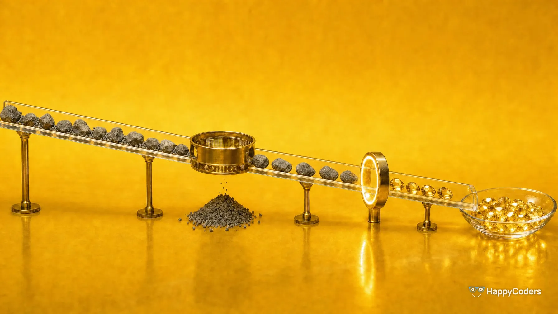 A glass slide runs downhill from left to right: large and small grey stones enter on the left, a brass sieve lets only the large ones through while the fine grit trickles onto a pile, and a glowing brass ring turns them into golden gems that land in a glass bowl