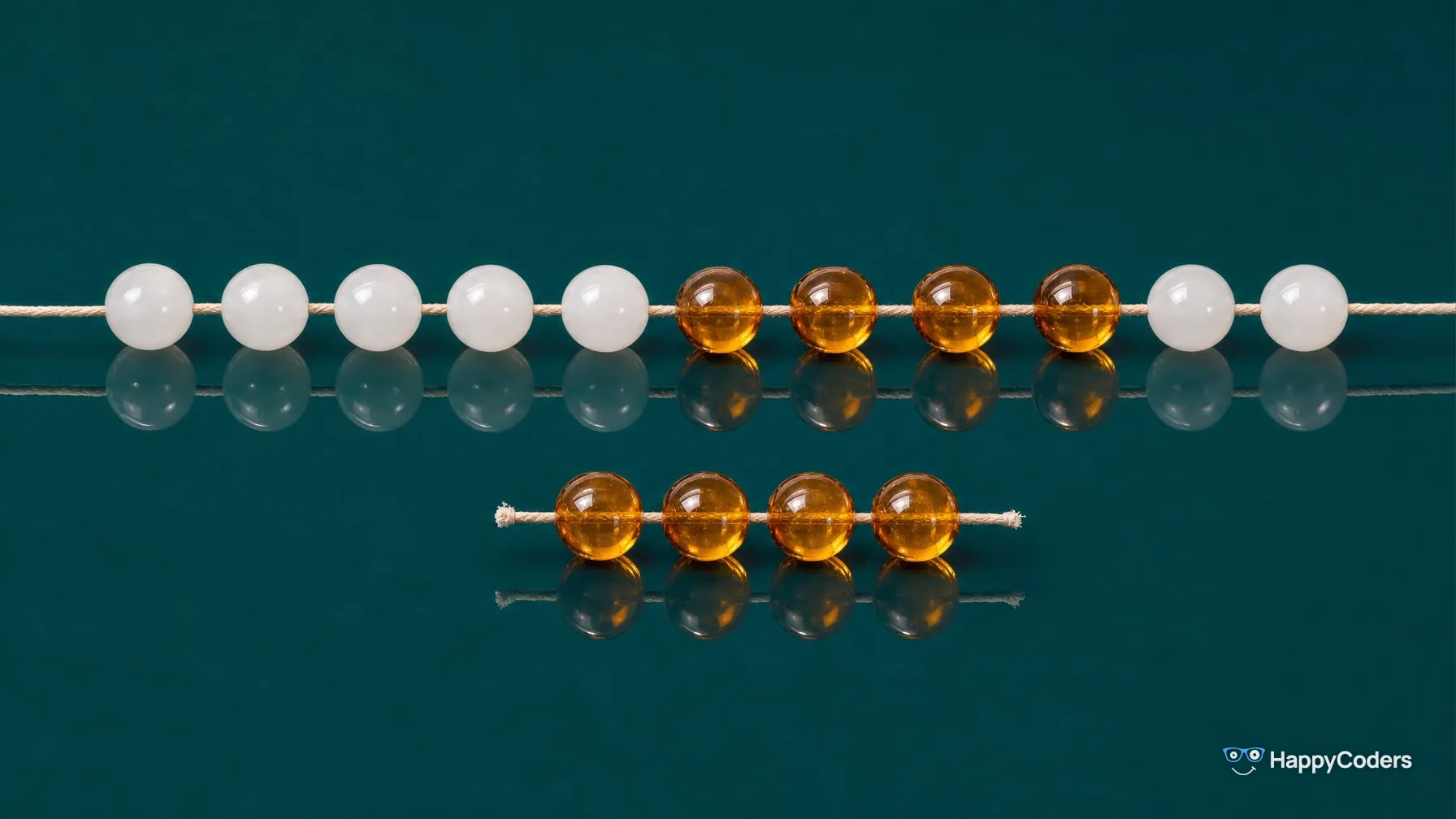 A cord with eleven glass beads against teal – five white, four amber, two white – and below it a short cord with exactly the four amber beads