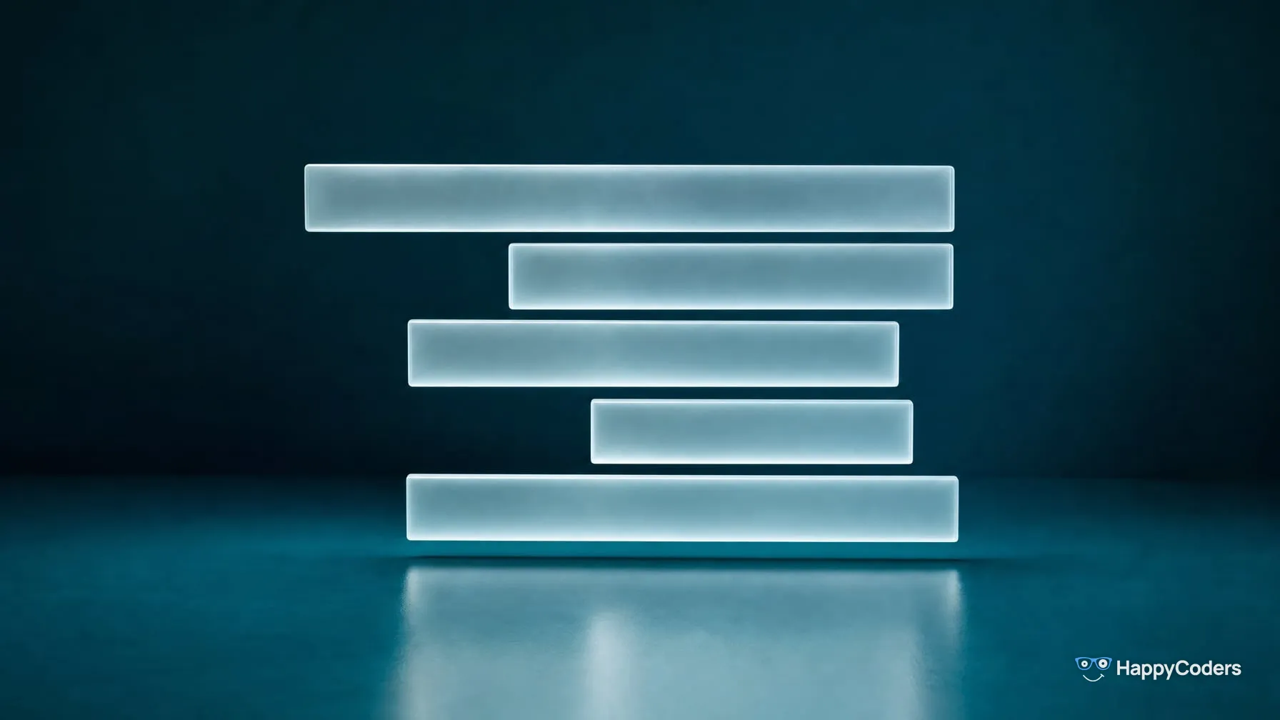 Five glowing frosted-glass slats of different lengths float one above the other against petrol blue, each shifted right by a different amount so the left edge zigzags