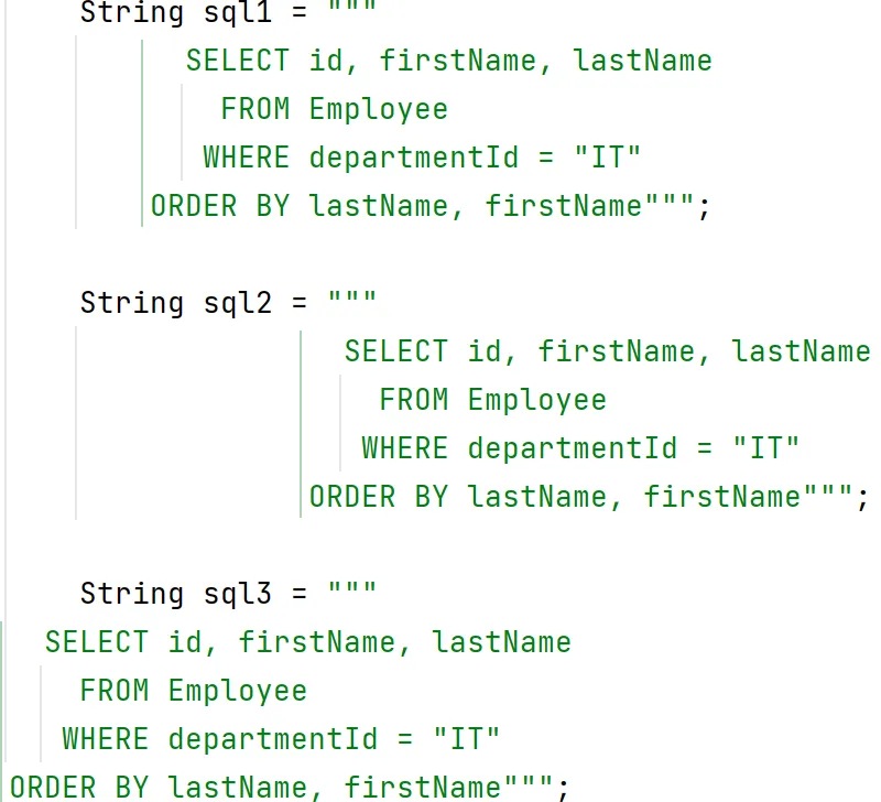 Representation of the left margin of Java text blocks in IntelliJ