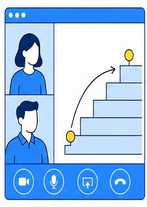 Video call with two participants; the shared screen shows a staircase with a marker on a low step and an arrow pointing up