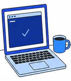 An open laptop in the morning, a check mark in the terminal, a cup of coffee beside it