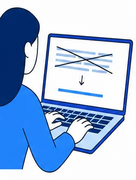 Looking over a developer's shoulder at her laptop: on the screen a block of code lines is struck through and replaced by a single line