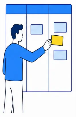 A man in a team meeting moving cards from a note onto a board