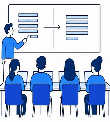 A training room seen from the back: the trainer at a whiteboard with a problem on the left, the solution on the right and an arrow between them, four participants at laptops in front of him
