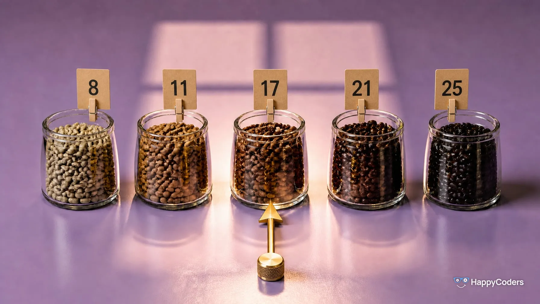 Five jars of coffee beans from light to dark in a row on lilac, each with a mini clothespin on the back of its rim holding a kraft-paper tag: 8, 11, 17, 21, 25; a brass arrow on a knurled rotary knob points at the middle jar, tagged 17, which stands in the cross-shaped light of a mullioned window