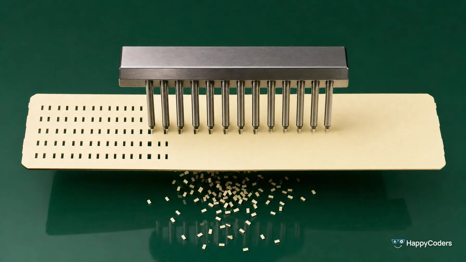 A row of steel punches above a cream punch card against forest green: the left part of the card is already punched, the right part still blank, with the punched-out chips scattered below
