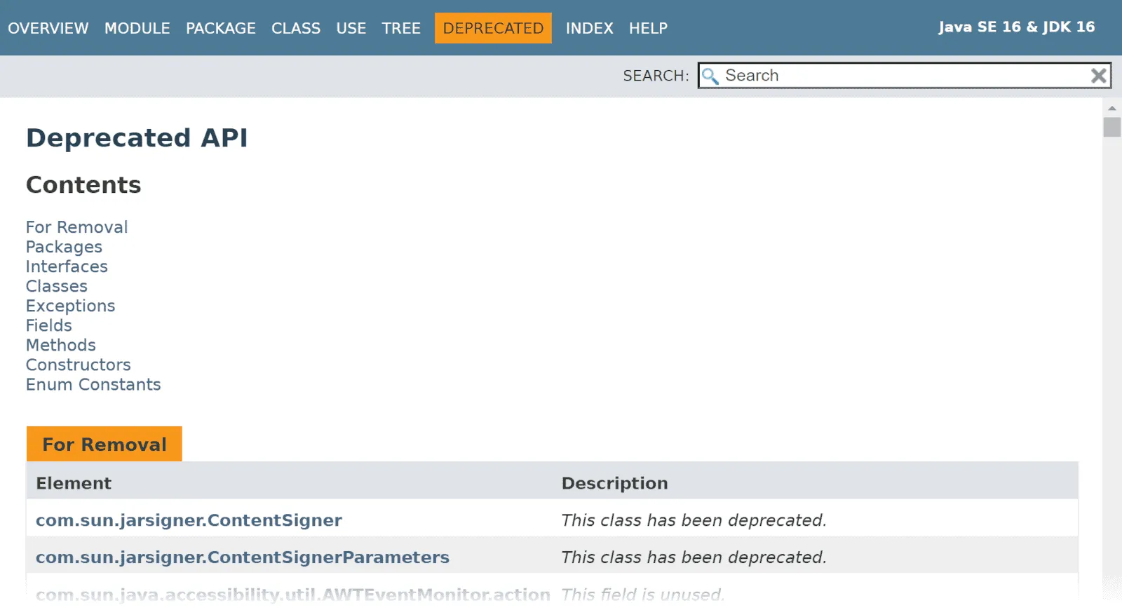 Java 16’s “DEPRECATED” page