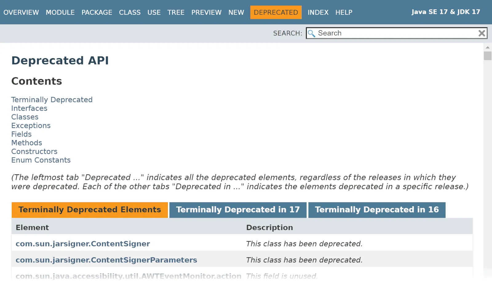 Java 17’s “DEPRECATED” page