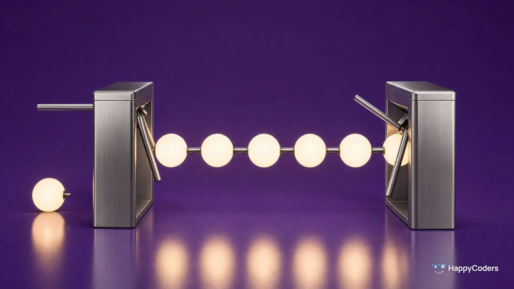 Six glowing spheres connected by short rods in a row between two brushed-steel turnstiles against purple; on the left, a seventh sphere waits in front of the locked turnstile, on the right the turnstile rotates around the first sphere