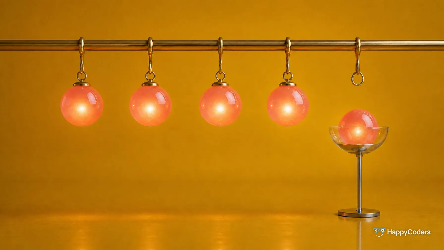 Four glowing coral spheres hang from brass hooks on a rail against mustard yellow; the fifth hook is empty, its sphere rests in a glass bowl on a steel stand beneath it