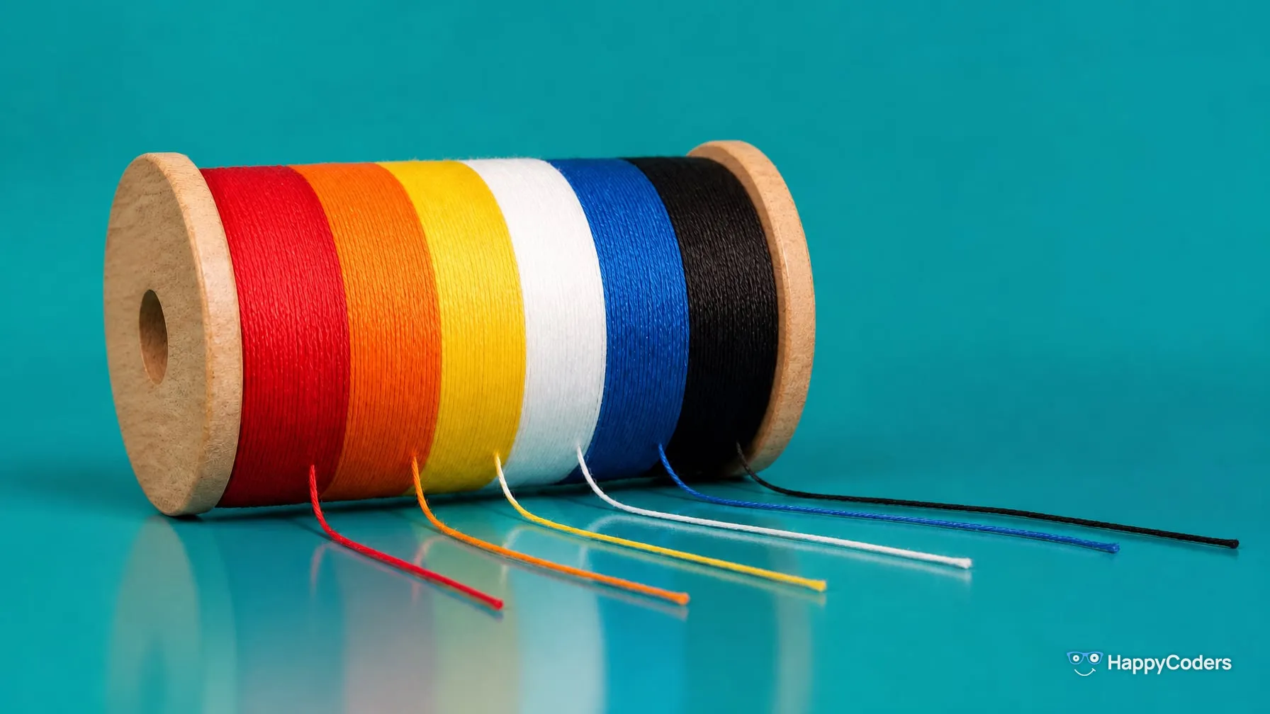 A wooden spool on turquoise wound with six bands of thread side by side in red, orange, yellow, white, blue and black; a loose end of each runs to the right across the floor