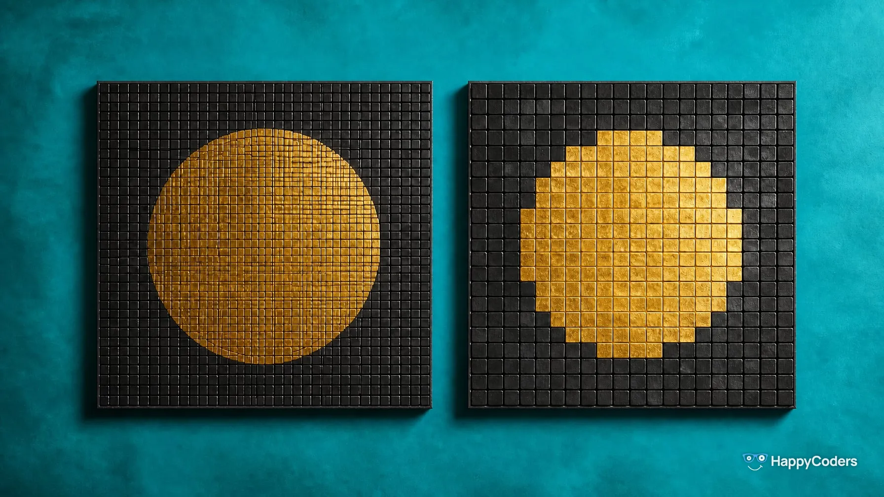Two mosaic panels on turquoise – on the left a round golden disc of fine tiles, on the right the same disc of coarse tiles with a stepped edge