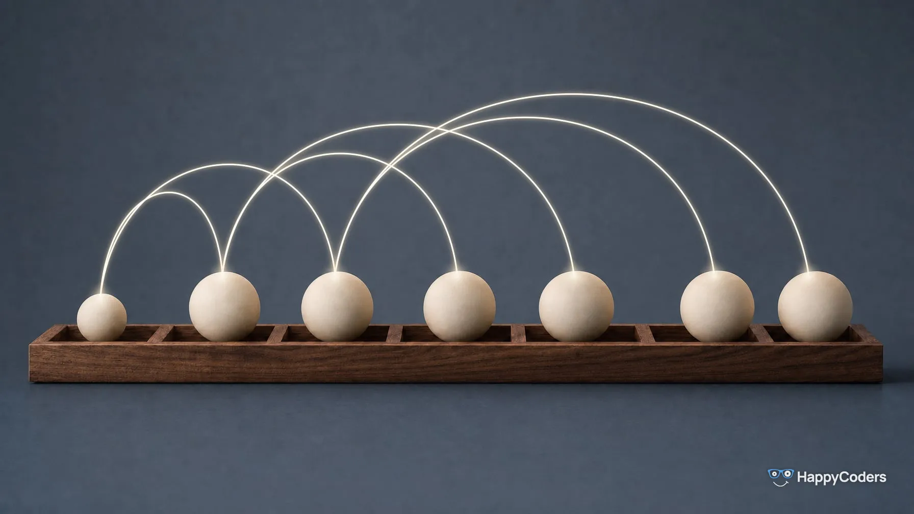 Seven cream spheres in the compartments of a walnut tray against slate blue, the first one the smallest; glowing arcs join the first sphere to the second and third, the second to the fourth and fifth, the third to the sixth and seventh
