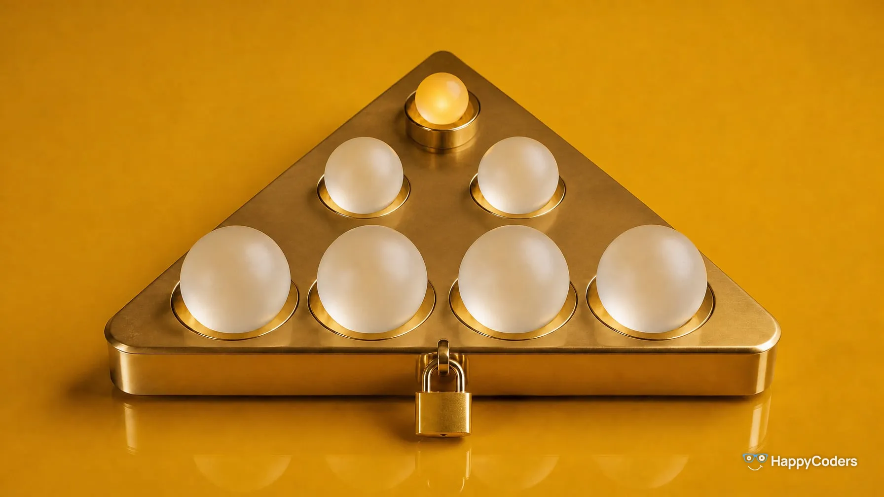 Triangular brass rack against mustard yellow holding seven frosted glass spheres in rows of one, two and four: a small, warmly glowing sphere at the top, two medium ones below it, four large ones at the bottom; a brass padlock hangs from the front of the rack